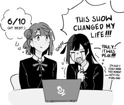  2girls absurdres blush closed_eyes closed_mouth collared_shirt commentary computer crying english_text greyscale hair_bun highres jacket laptop long_hair long_sleeves love_live! love_live!_nijigasaki_high_school_idol_club monochrome multiple_girls myonmukyuu neck_ribbon open_mouth ribbon school_uniform shirt short_hair simple_background single_side_bun speech_bubble streaming_tears tears thought_bubble uehara_ayumu v-shaped_eyebrows white_background winter_uniform yuki_setsuna 
