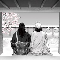  2boys arm_support cherry_blossoms commentary_request from_behind gegoporn geto_suguru gojo_satoru highres japanese_clothes jujutsu_kaisen korean_commentary long_hair male_focus multiple_boys scarf short_hair sitting snow snowman tree 