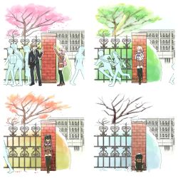  1boy 1girl autumn brown_hair collared_shirt commentary_request danganronpa_(series) danganronpa_2:_goodbye_despair danganronpa_3_(anime) fence flipped_hair highres hinata_hajime hope's_peak_academy_school_uniform jacket kmnm_1403 long_sleeves medium_hair nanami_chiaki open_clothes open_jacket pleated_skirt revision school school_uniform shirt skirt spring_(season) summer thigh-highs two-tone_shirt white_shirt winter 
