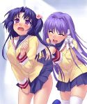  2girls :d ^_^ blue_hair clannad closed_eyes fujibayashi_kyou hair_bobbles hair_intakes hair_ornament ichinose_kotomi long_hair multiple_girls open_mouth pleated_skirt school_uniform skirt skirt_lift smile thigh-highs thighhighs two_side_up wavy_mouth white_thighhighs winter_uniform zen 