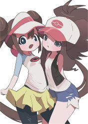  2girls arms_behind_back baseball_cap black_hair black_pantyhose black_vest blue_eyes brown_hair cutoffs denim denim_shorts donut_hair_bun double_bun exposed_pocket hair_bun hat high_ponytail highres hilda_(pokemon) home_nin legs looking_at_viewer multiple_girls open_clothes open_mouth open_vest pantyhose pantyhose_under_shorts poke_ball_print pokemon ponytail raglan_sleeves rosa_(pokemon) shorts skirt smile twintails vest visor_cap white_background yellow_shorts 