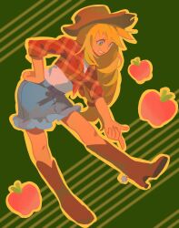  1girl apple applejack applejack_(equestria_girls) blonde_hair boots cowboy_boots cowboy_hat cowboy_western food fruit full_body green_eyes hand_on_own_hip hat highres long_hair mararu my_little_pony my_little_pony:_equestria_girls my_little_pony:_friendship_is_magic plaid_clothes plaid_shirt pointing shirt skirt smile solo tegaki 