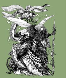  arthropod_boy arthropod_limbs bug butterfly_wings centipede cloak crown diamond_hairband dragonfly dragonfly_wings fate/grand_order fate_(series) fur-trimmed_cloak fur_trim green_background greyscale_with_colored_background highres insect_wings male_focus mame_nabe_donko monochrome moth oberon_(fate) oberon_(third_ascension)_(fate) oversized_bug polearm short_hair spear weapon wings 