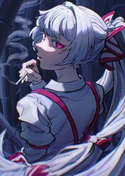  1girl absurdres back bamboo bamboo_forest bow cigarette commentary forest from_behind fujiwara_no_mokou fujiyu_(zzvjclkycrnfri6) glowing glowing_eyes hair_bow hair_ribbon hand_up highres holding holding_cigarette long_hair long_sleeves looking_at_viewer looking_back nature ponytail red_eyes ribbon shirt smoke smoke_trail smoking solo suspenders touhou very_long_hair white_hair white_shirt 