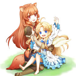  2girls :d ahoge animal_ears arm_up armor barefoot bird_girl bird_wings black_dress blonde_hair blue_dress blue_eyes blunt_bangs boots breastplate brown_armor brown_boots brown_hair child collared_dress commentary_request curtained_hair dress feathered_wings filo_(tate_no_yuusha_no_nariagari) gauntlets grass hair_tubes high_collar highres hug layered_dress leather leather_armor leather_boots long_hair long_sleeves looking_at_viewer machimy medium_dress metal_arm_cuffs metal_hair_tubes mother_and_child multiple_girls neck_ribbon on_ground open_mouth parent_and_child pauldrons pink_eyes pinstripe_dress pinstripe_pattern raccoon_ears raccoon_girl raccoon_tail raphtalia red_ribbon ribbon short_dress shoulder_armor sitting smile soles straight_hair tail tanuki tate_no_yuusha_no_nariagari teeth thigh_boots tongue two-tone_dress upper_teeth_only white_background white_dress white_wings wings 