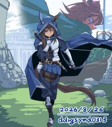  2girls admire_vega_(umamusume) animal_ears arm_guards armor armored_boots arrow_(projectile) belt blue_cloak boots bow_(weapon) braid brown_hair cape castle cloak crown dagger dated dogeyama_um ear_covers ears_through_hood full_body grass green_cape hand_up highres holding holding_sword holding_weapon hood hooded_cloak horse_ears horse_girl horse_tail knife leather_armor long_hair looking_at_viewer medieval mini_crown multiple_girls projected_inset quiver rapier ruins serious signature single_braid single_ear_cover single_sidelock sword t.m._opera_o_(umamusume) tail umamusume walking weapon weapon_on_hip 