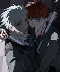  2boys archer_(fate) blood blood_on_face brown_hair commentary_request emiya_shirou fate/stay_night fate_(series) gloves highres holding holding_knife jacket knife looking_at_viewer male_focus multiple_boys mutoqth red_eyes shirt short_hair upper_body vampire white_hair yellow_eyes 