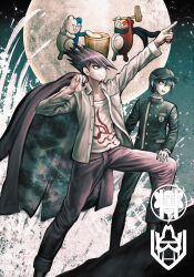  2boys artist_request black_hat black_pants black_shirt blue_hair breast_pocket brown_eyes check_artist closed_mouth danganronpa_(series) danganronpa_v3:_killing_harmony eyelashes facial_hair food full_moon goatee grin hair_between_eyes hand_on_another's_leg hat highres holding holding_mallet holding_unworn_clothes holding_unworn_jacket jacket kine komatsuzaki_rui male_focus mallet mochi mochitsuki momota_kaito monokid monotaro_(danganronpa) moon multiple_boys navel night official_art open_clothes open_jacket open_mouth outstretched_arm pants pocket pointing purple_hair purple_jacket purple_pants saihara_shuichi shirt short_hair smile spiky_hair standing star_(sky) striped_clothes striped_pants striped_shirt teeth third-party_source unworn_jacket vertical-striped_clothes vertical-striped_pants vertical-striped_shirt violet_eyes white_jacket white_shirt 