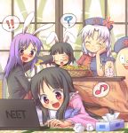  !! 4girls ? anger_vein animal_ears annoyed bad_id blush bunny_ears clock computer covering_eyes food fruit houraisan_kaguya inaba_tewi kotatsu laptop multiple_girls musical_note neet oimo orange rabbit_ears reisen_udongein_inaba speech_bubble spoken_musical_note spring_onion table tissue tissue_box touhou yagokoro yagokoro_eirin 