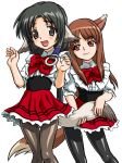  animal_ears bandabekken bronze_parrot brown_hair cosplay crossover dog_ears eruruw holding_another's_tail holo leggings long_hair multiple_girls pantyhose red_eyes spice_and_wolf tail tail_grab utawareru_mono utawarerumono waitress wolf_ears 