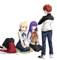  1boy 3girls andychen662000 artoria_pendragon_(fate) black_hair black_jacket blonde_hair commentary_request dress emiya_shirou fate/stay_night fate_(series) highres in_trouble_template_(meme) jacket matou_sakura meme messy_hair multiple_girls orange_hair parody purple_hair saber_(fate) school_uniform spiky_hair tohsaka_rin white_jacket 