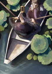  1boy 1girl beads black_hair boat chinese_clothes closed_eyes from_above hair_beads hair_ornament hands_on_own_knees hanfu highres holding holding_oar husband_and_wife kingdom_(manga) kingyoso-745 lily_pad oar on_boat ponytail rui_(kingdom) seikyou_(kingdom) water watercraft xiao_guan_(headdress) 