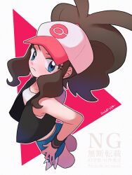  artist_name baseball_cap black_vest brown_hair cutoffs denim denim_shorts exposed_pocket frown hands_on_own_hips hat high_ponytail highres hilda_(pokemon) looking_at_viewer looking_up open_clothes open_vest poke_ball_print pokemon pokemon_black_and_white ponytail sandora_(karugamo_no_e) shorts sidelocks triangle_background vest wristband 