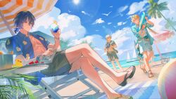  3boys abs aventurine_(honkai:_star_rail) aventurine_(waveflair)_(honkai:_star_rail) ball beach beach_umbrella beachball bird black_male_swimwear black_shorts blonde_hair blue_hair blue_shirt blue_sky book bucket caelus_(honkai:_star_rail) closed_eyes closed_mouth clouds crossed_legs cup day dr._ratio_(honkai:_star_rail) drinking_glass eyewear_on_head food fruit grey_hair hair_between_eyes hawaiian_shirt highres holding holding_book holding_cup holding_food holding_popsicle holding_water_gun honkai:_star_rail honkai_(series) kanangnsn lemon lemon_slice male_focus male_swimwear multiple_boys muscular muscular_male ocean open_clothes open_mouth open_shirt outdoors palm_leaf palm_tree pectorals ponytail popsicle red_eyes rubber_duck sandals seagull shirt short_hair short_ponytail short_sleeves shorts sitting sky smile standing summer sun sunglasses surfboard swim_trunks table toes trailblazer_(honkai:_star_rail) tree umbrella water water_gun watercraft white_hair 