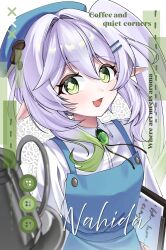  1girl alternate_costume apron beret blue_apron blue_hat brooch byeolbichnyanyang character_name collared_shirt colored_tips commentary contemporary cross-shaped_pupils english_text eyelashes gem genshin_impact green_eyes green_gem green_hair green_pupils hair_between_eyes hair_ornament hairclip hat highres holding holding_menu holding_plate jewelry kettle light_blush long_hair long_sleeves looking_at_viewer menu multicolored_hair nahida_(genshin_impact) open_mouth plate pointy_ears portrait shirt side_ponytail sidelocks solo symbol-shaped_pupils tareme undershirt untranslatable_commentary waitress white_hair white_shirt white_sleeves wing_collar 