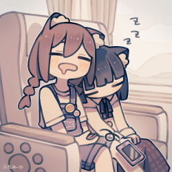  2girls animal_ear_fluff animal_ears black_hair black_overalls black_ribbon black_skirt blunt_bangs blunt_ends blush_stickers braid cat_ears cat_girl cat_tail cellphone closed_eyes collared_shirt commentary double-parted_bangs drooling feet_out_of_frame futami_ya hair_between_eyes highres long_hair long_sleeves mouth_drool multiple_girls neck_ribbon open_mouth original overall_shorts overalls phone plaid_clothes plaid_skirt ribbon shirt short_hair short_sleeves sitting skirt sleeping smartphone tail train_interior twin_braids white_shirt zzz 