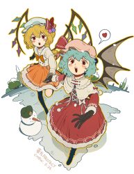  2girls absurdres alternate_costume bat_wings blonde_hair blue_hair blush bow bowtie brooch character_snowman chenwei_jun chinese_commentary commentary_request crystal crystal_wings dress flandre_scarlet fur-trimmed_skirt fur_trim hair_between_eyes hat hat_ribbon heart highres hong_meiling jewelry leg_up mob_cap multiple_girls one_side_up open_mouth orange_bow orange_bowtie orange_skirt pink_hat red_dress red_eyes remilia_scarlet ribbon shirt siblings sisters skirt smile snowman spoken_heart touhou white_hat white_shirt wings winter winter_clothes 
