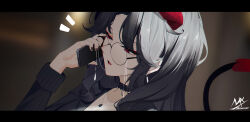 1girl absurdres black_hair black_jacket black_nails blurry blurry_background cellphone collarbone demon_girl demon_horns demon_tail depth_of_field glasses highres holding holding_phone horns jacket letterboxed long_hair notice_lines original parted_bangs parted_lips phone pinstripe_jacket pinstripe_pattern red_eyes round_eyewear shimmer signature solo tail upper_body 