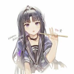  1girl absurdres ahoge awa_subaru black_choker black_hair black_shirt chenmo_mo_pie chinese_commentary choker commentary_request drumsticks gift_art girls_band_cry hair_ribbon hand_up happy_birthday highres holding holding_drumsticks long_hair looking_at_viewer open_mouth parted_bangs ribbon sailor_collar shirt short_sleeves sidelocks simple_background solo upper_body violet_eyes w white_background white_ribbon 