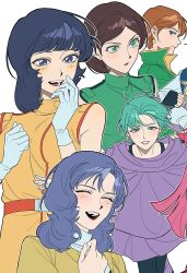  5girls aeug aqua_hair blue_eyes blue_hair blush_stickers earth_federation emma_sheen fa_yuiry four_murasame gloves green_eyes gundam highres kamonekm multiple_girls reccoa_londe rosamia_badam short_hair smile zeta_gundam 