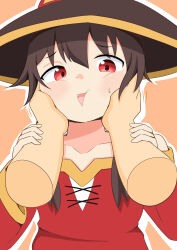  1girl absurdres brown_background brown_hair chanta_(chanta256) check_commentary commentary_request disembodied_hand dot_nose dress fang hands_on_another's_arms hands_on_another's_cheeks hands_on_another's_face hat highres kono_subarashii_sekai_ni_shukufuku_wo! looking_at_viewer megumin open_mouth red_dress red_eyes short_hair short_hair_with_long_locks sidelocks squishing sweat upper_body witch_hat 