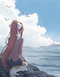  1girl bird blue_skirt boat bow brown_hair brown_jacket cat clouds collared_shirt commentary_request doki_doki_literature_club doki_doki_literature_club_school_uniform from_behind hair_bow hair_intakes hand_on_own_thigh high_ponytail highres horizon iikoyasan jacket layered_clothes lighthouse long_hair looking_afar looking_ahead miniskirt monika_(doki_doki_literature_club) ocean on_ground outdoors pleated_skirt ponytail school_uniform seagull shirt shore sitting skirt watercraft white_shirt 
