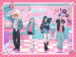  2boys 2girls :d :o ;d aoyagi_touya aqua_jacket aqua_pants aqua_skirt arm_behind_head arm_up artist_name azusawa_kohane bag baseball_cap black_boots black_hair black_jacket black_pants blonde_hair blonde_streaks blue_hair blue_necktie blue_skirt blue_sweater boots border brown_eyes brown_shoes cd cellphone checkered_border clothes_writing collared_shirt commentary_request company_name copyright_notice cup disco_ball dot_nose drinking_glass earrings english_text expressionless full_body gradient_hair green_eyes grey_eyes grin group_name guest_art guitar hair_behind_ear hand_on_own_chest hand_up hat holding holding_cup holding_phone instrument jacket jewelry knee_boots kneehighs lapels light_blush loafers long_hair long_sleeves looking_at_viewer low_twintails milkshake milkshake_glass miniskirt mole mole_under_eye momoiro_oji multicolored_hair multicolored_jacket multiple_boys multiple_girls necktie official_art one_eye_closed open_clothes open_jacket open_mouth orange_eyes orange_hair pants phone pink_border pink_necktie pink_shirt pink_shoes pink_sweater_vest plaid_clothes plaid_skirt platform_boots pleated_skirt poster_(object) project_sekai puffy_long_sleeves puffy_sleeves school_bag school_uniform second-party_source shinonome_akito shiraishi_an shirt shirt_partially_tucked_in shoes short_hair short_twintails skirt smartphone smile sneakers socks sparkle split-color_hair standing standing_on_one_leg sticker streaked_hair striped_clothes striped_pants sweater sweater_vest swept_bangs tongue twintails two-tone_jacket vivid_bad_squad_(project_sekai) white_hat white_jacket white_shirt white_shoes white_socks 