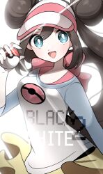  1girl absurdres brown_hair donut_hair_bun double_bun hair_bun hat highres holding holding_poke_ball kurumiya_(krmy_p) lens_flare long_hair long_sleeves poke_ball poke_ball_(basic) poke_ball_print pokemon pokemon_black_2_and_white_2 raglan_sleeves rosa_(pokemon) shirt skirt solo twintails twitter_username visor_cap white_background yellow_skirt 
