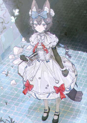  1girl absurdres animal_ear_fluff animal_ears black_gloves black_shoes blue_bow blue_ribbon bow brown_eyes brown_hair bug butterfly cat_ears cat_girl cat_tail clenched_hand closed_mouth commentary_request dress elbow_gloves full_body gloves hair_between_eyes hair_ornament hair_ribbon highres long_hair looking_at_viewer original pantyhose renxzd ribbon shoes sleeveless solo standing tail white_butterfly white_dress white_pantyhose 