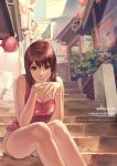  breasts brown_eyes brown_hair cleavage face hands_clasped krenz legs original shorts sitting smile solo stairs tank_top 