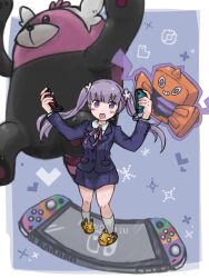  714a90 bewear blush commentary_request controller game_controller hair_ornament heart highres holding holding_controller holding_game_controller new_game! nintendo_switch open_mouth pokemon pokemon_(creature) purple_hair purple_ribbon ribbon rotom rotom_(frost) skirt slippers socks suzukaze_aoba twintails violet_eyes white_socks 
