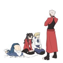  2boys 2girls absurdres ahoge archer_(fate) artoria_pendragon_(fate) black_hair blonde_hair braid braided_base bun_with_braided_base crack cracked_floor crossed_arms dark-skinned_male dark_skin ehddmftk emiya_shirou fate/stay_night fate_(series) green_eyes hair_bun hair_ribbon highres in_trouble_template_(meme) long_hair long_sleeves meme multiple_boys multiple_girls ribbon saber_(fate) seiza shirt shrug_(clothing) simple_background sitting sitting_on_pillow skirt standing thigh-highs through_ground tohsaka_rin two_side_up white_background white_hair 