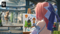  1girl absurdres backless_dress backless_outfit bangboo_(zenless_zone_zero) bare_shoulders child's_drawing copyright_logo detached_sleeves dress highres holding holding_paintbrush logo medium_hair nail_polish official_art paintbrush painting_(action) painting_(object) picture_frame pink_hair remielle_dan zenless_zone_zero 