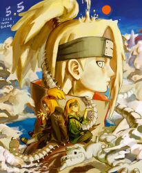  2026 2boys akatsuki_uniform back-to-back blonde_hair blue_background child clouds commentary_request deidara_(naruto) dual_persona forehead_protector highres iwagakure_symbol long_hair male_focus multiple_boys naruto_(series) naruto_shippuuden short_hair simple_background sitting sky tabiii123 