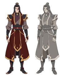  1boy avatar_aang:_the_last_airbender avatar_legends black_gauntlets black_hair boots brown_pants burn_scar closed_mouth concept_art fire_nation_outfit full_body gauntlets hair_bun hair_ornament hairclip highres ki_hyun_ryu long_hair long_sleeves looking_at_viewer male_focus multiple_views official_art pants red_skirt red_tunic reference_sheet scar single_hair_bun skirt tunic yellow_gauntlets zuko 