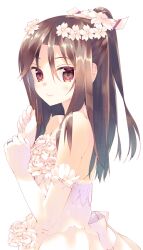  1girl arikawa_satoru bare_shoulders brown_eyes brown_hair dress flower gloves hair_flower hair_ornament jewelry kantai_collection long_hair looking_at_viewer official_art ponytail ring smile wedding_dress wedding_ring white_background white_flower white_gloves zuihou_(kancolle) 