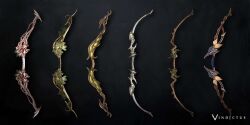  artist_request black_background bow_(weapon) commentary concept_art copyright_name english_commentary english_text gem gold_trim green_gem highres leaf_ornament mabinogi mabinogi_heroes multi-source_commentary multiple_weapons no_humans object_focus official_art spikes weapon weapon_focus wooden_bow_(weapon) 