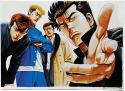  4boys belt belt_buckle black_belt black_eyes black_hair black_jacket black_pants blonde_hair blue_jacket blue_pants brown_coat brown_eyes brown_hair buckle closed_mouth coat collared_shirt copyright_notice crossed_arms frown gakuran half-closed_eyes hand_on_own_thigh jacket kasai_(rokudenashi_blues) leaning_forward looking_at_viewer maeda_taison male_focus morita_masanori multiple_boys official_art onizuka_(rokudenashi_blues) open_clothes open_coat painting_(medium) pants pompadour reaching reaching_towards_viewer rokudenashi_blues school_uniform shirt short_hair simple_background standing third-party_source traditional_media very_short_hair white_background white_shirt yakushiji_(rokudenashi_blues) 
