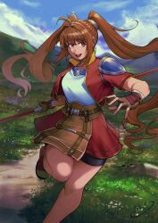  1girl ahoge armor bike_shorts blue_sky bo_staff breasts brown_hair clouds cropped_jacket deliciousbrain double-parted_bangs eiyuu_densetsu estelle_bright fingerless_gloves gloves hair_between_eyes hair_intakes holding holding_staff long_hair looking_at_viewer medium_breasts open_mouth outdoors pauldrons red_eyes red_skirt shirt shorts shorts_under_skirt shoulder_armor skirt sky smile solo sora_no_kiseki staff standing standing_on_one_leg teeth twintails white_shirt 