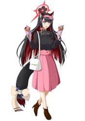  1girl alternate_costume animal_ears bag black_hair black_nails black_shirt blue_archive blush boots bow brown_boots brown_bow colored_inner_hair commentary crepe english_commentary flower food fox_ears fox_girl fox_tail fr_0_ggs hair_flower hair_ornament hairband halo high_heel_boots high_heels highres holding holding_crepe holding_food long_hair looking_at_viewer multicolored_hair open_mouth pink_flower pink_hairband pink_skirt pleated_skirt red_hair red_halo shirt skirt solo tail tail_bow tail_ornament two-tone_hair very_long_hair wakamo_(blue_archive) white_bag yellow_eyes 