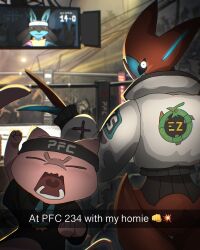  absurdres arm_up black_eyes black_headband blurry caption character_print closed_eyes clothed_pokemon commentary deoxys facing_viewer headband highres horns jacket looking_back lower_teeth_only lucario mew_(pokemon) n3kotsu open_mouth pokemon pokemon_(creature) pokemon_focus print_jacket rayquaza teeth 