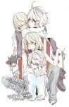  albino artist_request bags_under_eyes black_hair blonde_hair blue_eyes boots chocolate closed_eyes cross death_note doll holding l mello multiple_boys near red_eyes sitting sleeping source_request white_hair 