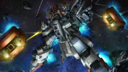  absurdres advance_of_zeta asteroid beam_cannon copyright_notice debris firing glowing gundam gundam_battle_operation_2 gundam_msv highres incom_(gundam) looking_at_viewer mecha mecha_focus mobile_suit muzzle_flash nebula no_humans prototype_psycho_gundam robot science_fiction space star_(sky) sunrise_(company) tenjin_hidetaka thrusters titans_(gundam) v-fin vernier_thrusters yellow_eyes zero_gravity 
