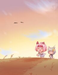  2girls :3 :d =_= ^_^ animal_ears bird black_hair blue_overalls bow chibi chibi_only chokueji closed_eyes clouds commentary_request ear_bow ear_covers fish fishing flower_hairclip gradient_sky haru_urara_(casual)_(umamusume) haru_urara_(umamusume) headband highres horse_ears multiple_girls orange_skirt outdoors overalls pink_hair pink_shirt purple_sky red_headband seiun_sky_(casual)_(umamusume) seiun_sky_(umamusume) shirt short_hair skirt sky smile umamusume walking white_bow 
