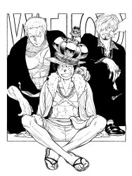  3boys aaaaa13a bandana_around_arm cigarette commentary_request curly_eyebrows facial_hair goatee hair_over_one_eye highres male_focus monkey_d._luffy monochrome multiple_boys mustache_stubble one_piece roronoa_zoro sanji_(one_piece) scar scar_across_eye scar_on_chest scar_on_face smoking stitched_torso stitches stubble 