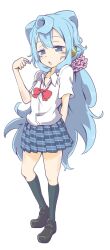  1boy ahoge arm_behind_back black_shoes black_socks blue_eyes blush bow bowtie cat_ear-shaped_hair check_commentary collarbone collared_shirt commentary_request crossdressing crossdressing_(mtf) full_body gingnang69 hacka_doll hacka_doll_3 hair_ornament hair_scrunchie half-closed_eyes kneehighs loafers long_hair male_focus miniskirt open_mouth pink_scrunchie plaid_clothes plaid_skirt pleated_skirt red_bow red_bowtie scrunchie shirt shoes short_sleeves simple_background skirt socks solo trap twirling_hair white_background white_shirt 