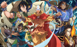  2girls 3boys aang appa arrow_(symbol) arrow_tattoo black_hair blind blue_dress boomerang dark-skinned_female dark_skin darkereve dress fire green_hairband hairband highres katara momo_(avatar) multiple_boys multiple_girls scar scar_on_face sokka tattoo toph_beifong water zuko 