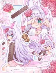 1girl :3 ahoge axolotl axolotl_tail blue_eyes blush brown_cardigan cardigan cat_girl catgirl character_sheet cherry_blossoms chibi choker commission commissioner_upload cookie eating fang flower hair_intakes hair_ornament headband heart_hands heterochromia indie_virtual_youtuber inner_ear_fluff kemonomimi_mode lavender_hair long_hair looking_over_shoulder nekomimi nekomiya_momomi_(cozymomotan) pink_rose pink_skirt rose rose_hair_ornament silver_hair sitting smile socks solo starhaze tripping virtual_youtuber wariza white_hair yellow_eyes