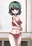  bikini bra breasts cleavage covering covering_breasts frown gatau green_hair kazami_yuuka lingerie panties plaid plaid_bra plaid_panties red_eyes short_hair standing strap_slip swimsuit touhou underwear wide_hips 