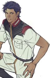  1boy absurdres black_hair brown_eyes commentary_request dailysarndean dark-skinned_male dark_skin earth_federation earth_federation_space_forces gundam gundam:_hathaway's_flash hair_slicked_back highres kenneth_sleg male_focus messy_hair military_rank_insignia military_uniform smile solo spiky_hair 